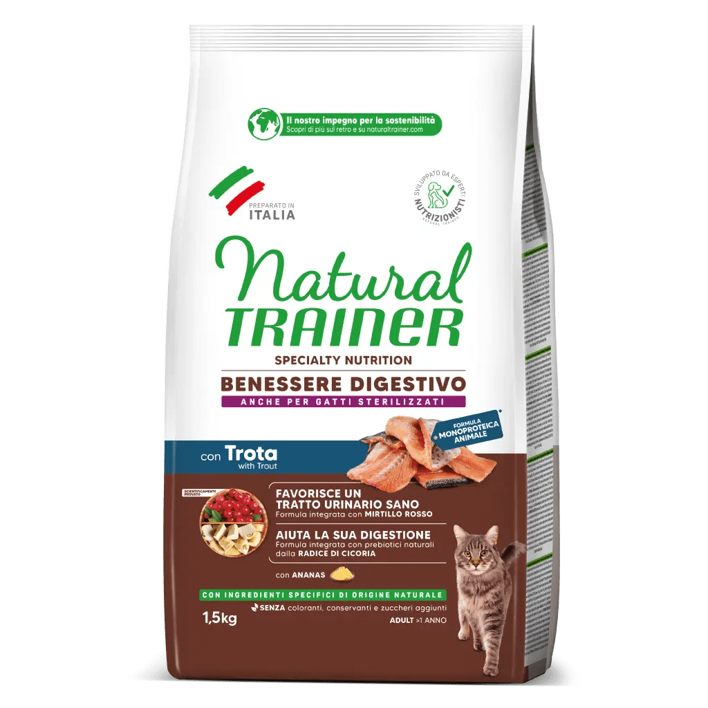 Alimento secco Natural Trainer Benessere Digestivo con trota 1,5 kg per gatti adulti sterilizzati Alimento secco Natural Trainer Benessere Digestivo con trota 1,5 kg per gatti adulti sterilizzati